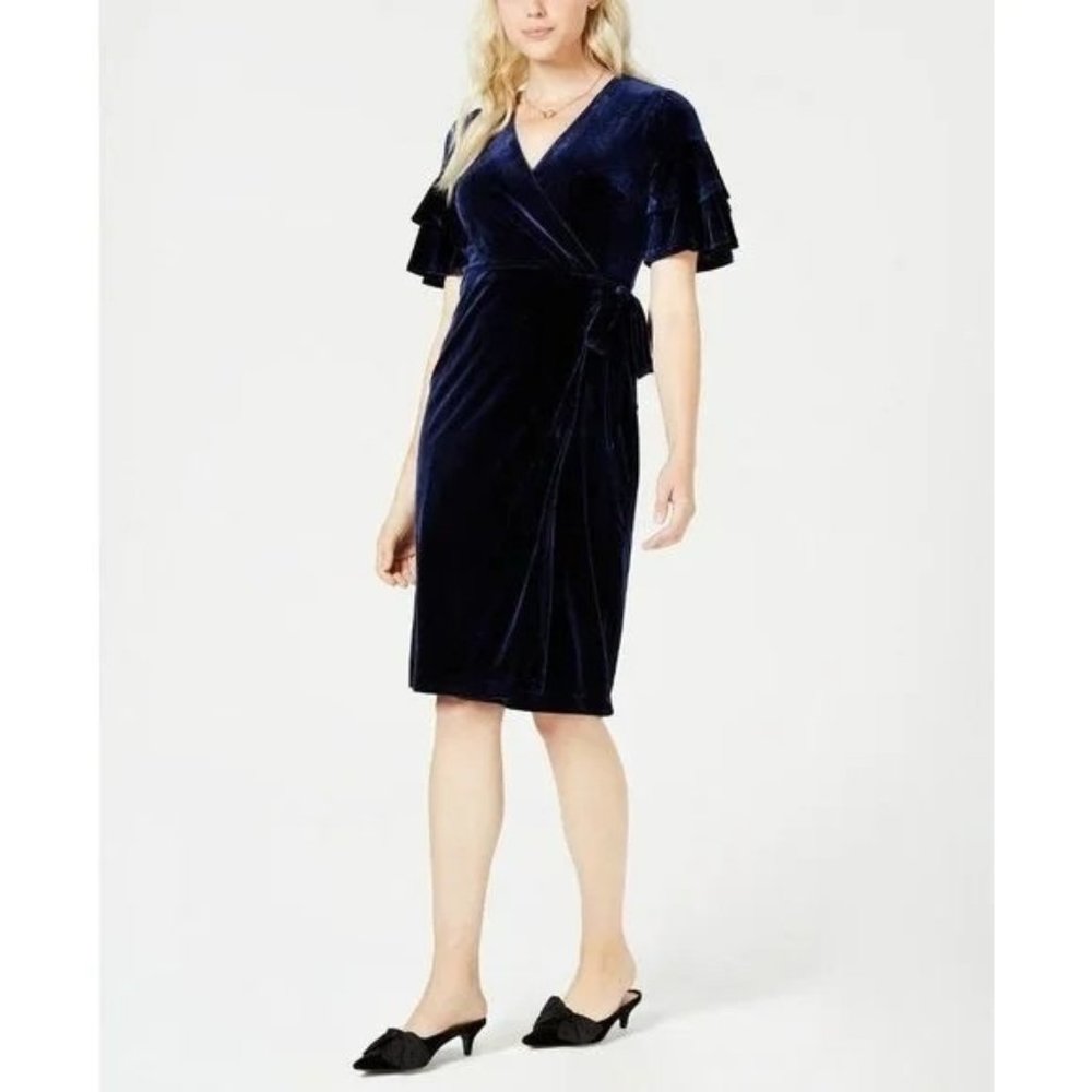 Maison Jules Women's Dress XXL Velvet Wrap Ruffle Sleeve Dress Navy Blue 2XL